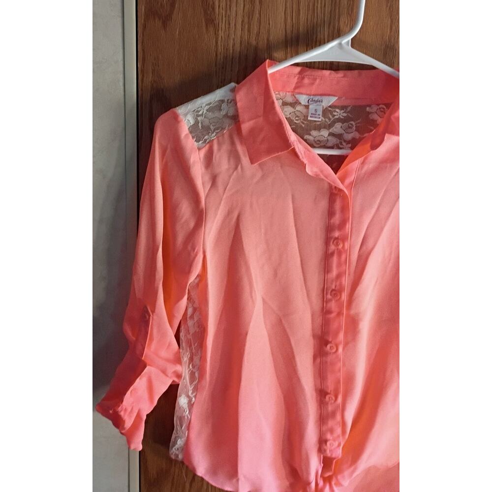 Candies Y2K Tie Front Lace Blouse Vivid Coral Orange Going Out Top Small Western - Picture 9 of 13